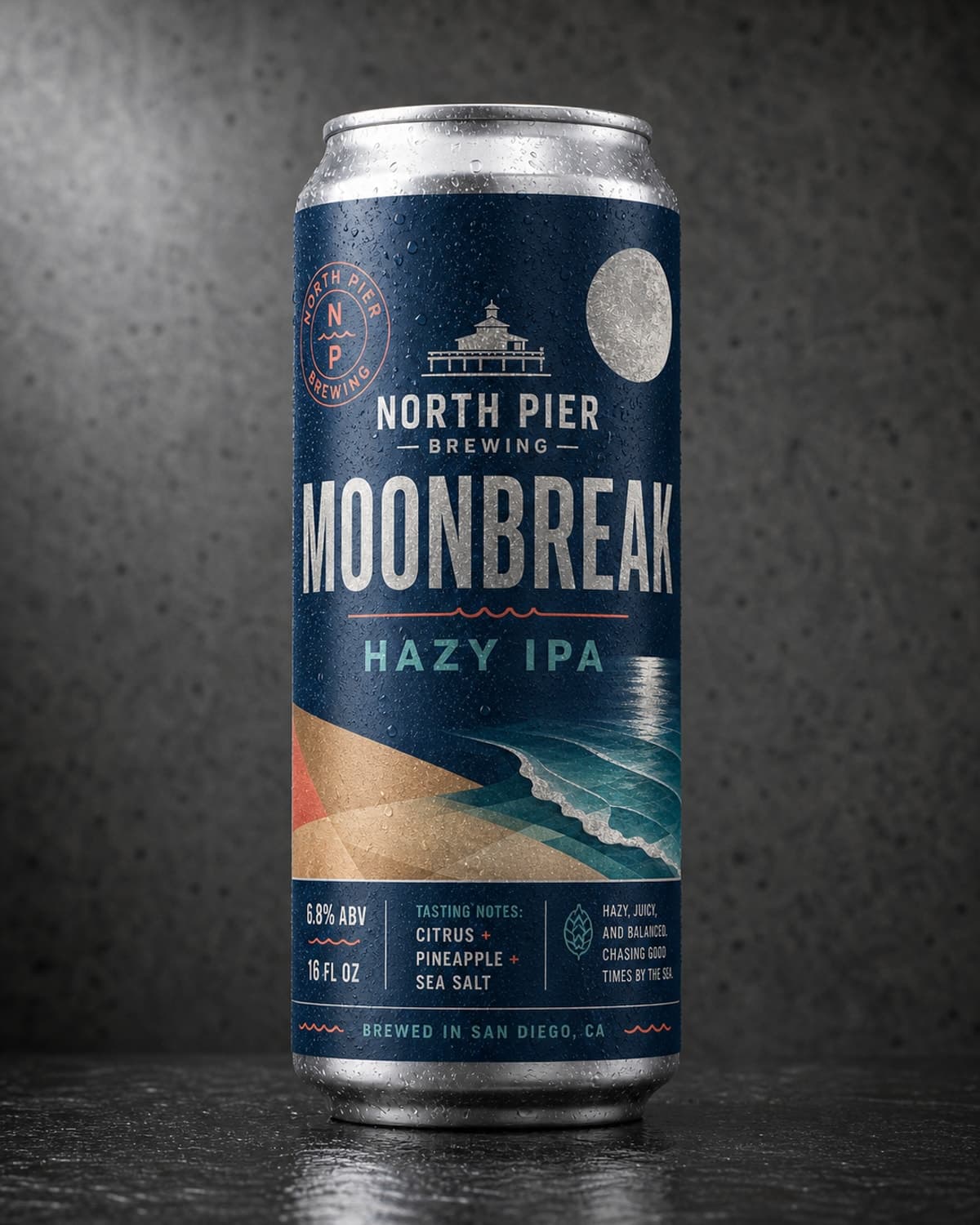 Moonbreak Hazy IPA product photo with label wrapped on can