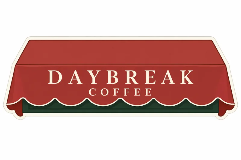 Finished Daybreak Coffee sticker artwork preserving the red awning and cream lettering
