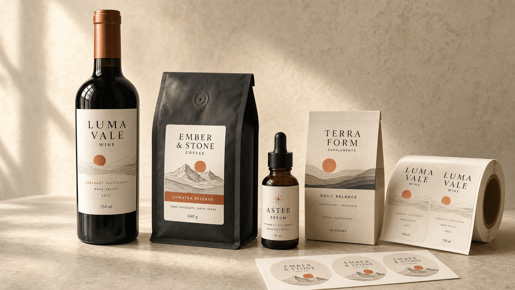 Premium product labels, a printed label roll, and sticker sheet for API fulfillment