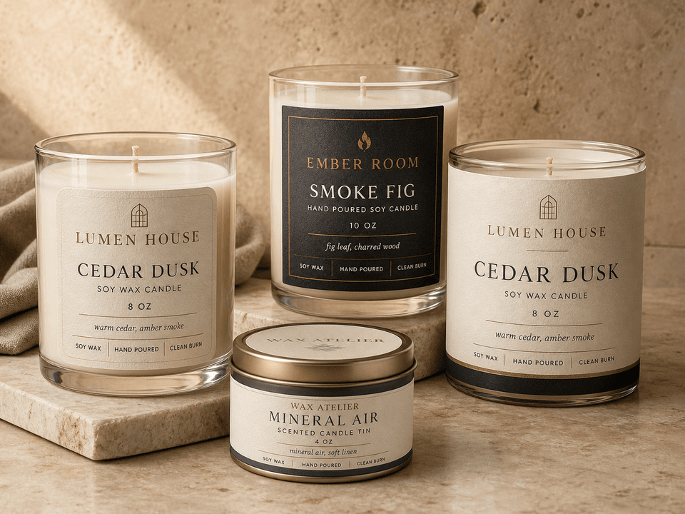Candle jar and tin product photo with premium label examples