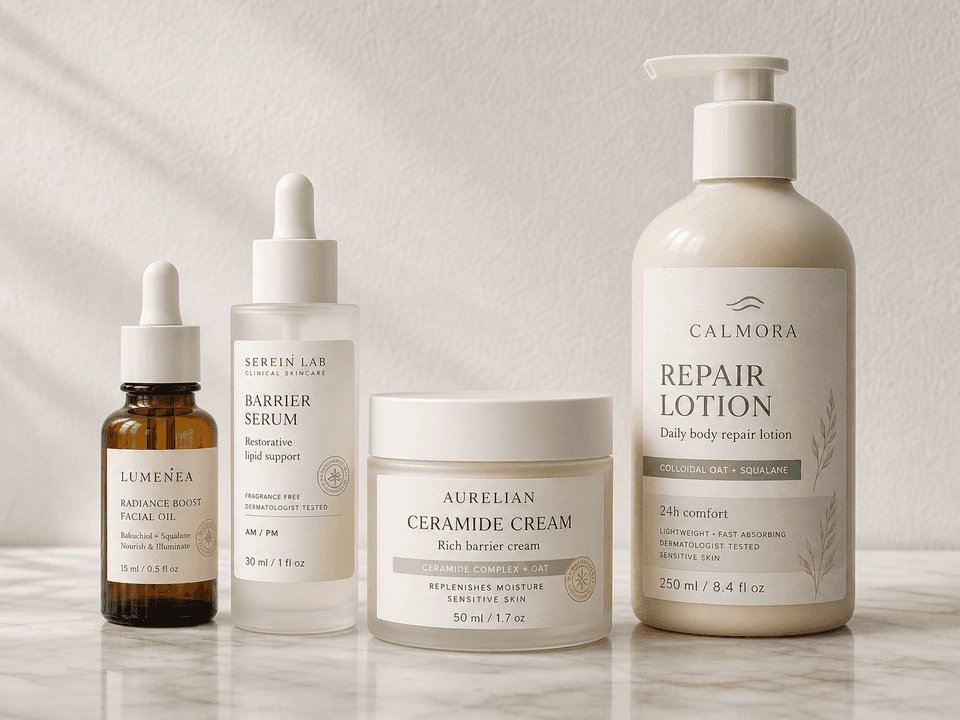 Skincare bottle product photo with premium label examples