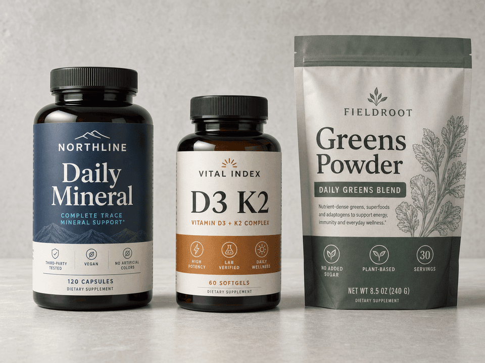 Supplement bottle and pouch product photo with premium label examples