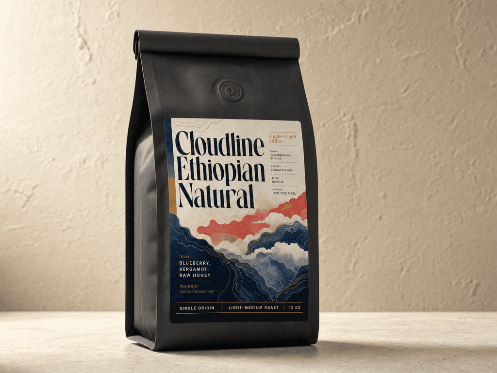 Coffee bag with a front product label