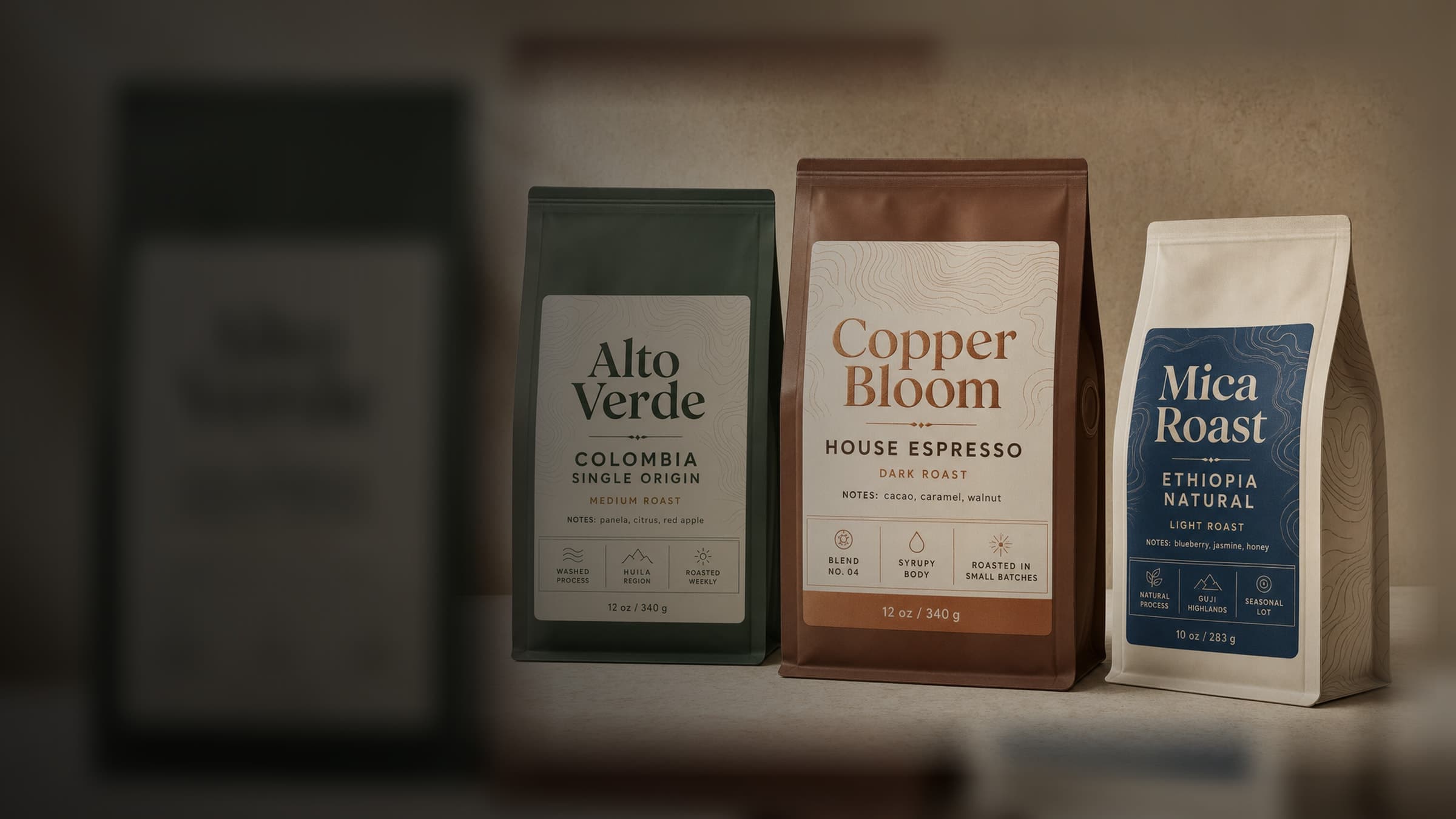 Three custom coffee bag label examples for single-origin and espresso roasts