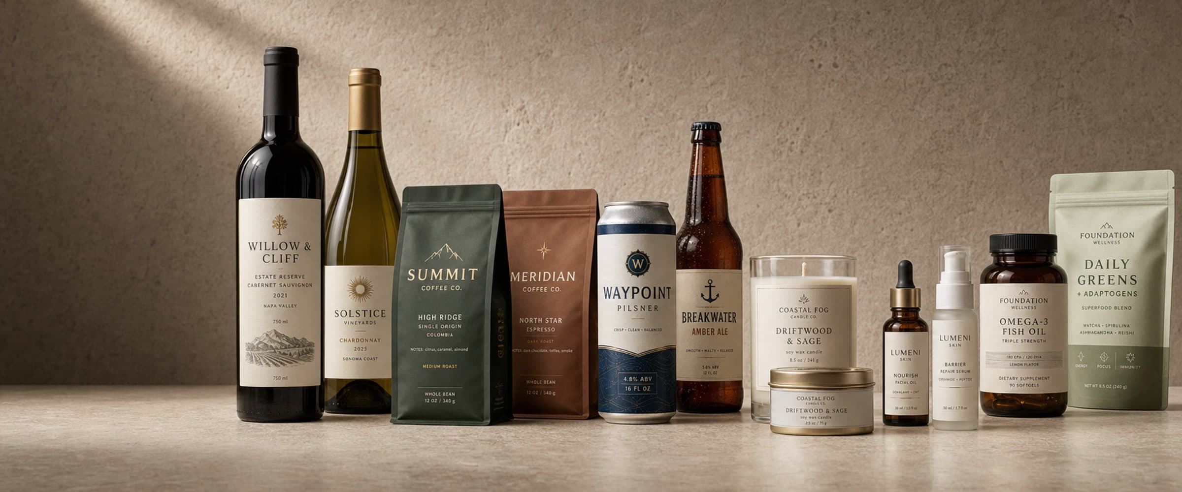 Custom labels shown on coffee bags, bottles, jars, and product packages