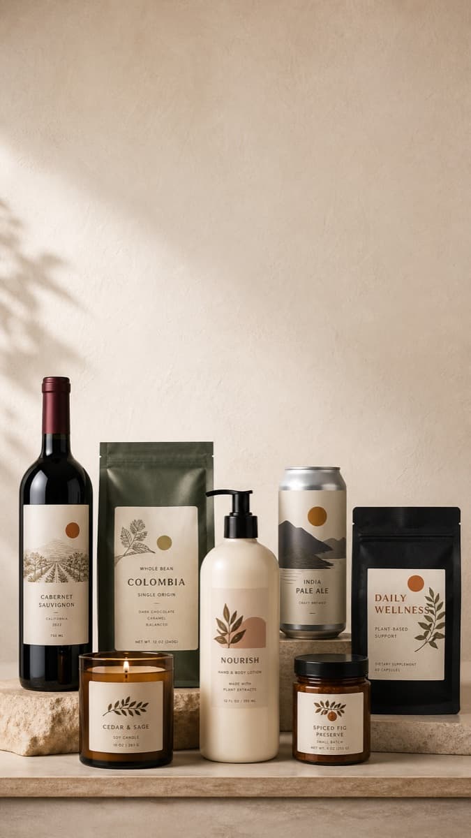 Custom product labels shown on coffee bags, bottles, jars, cans, and boxes