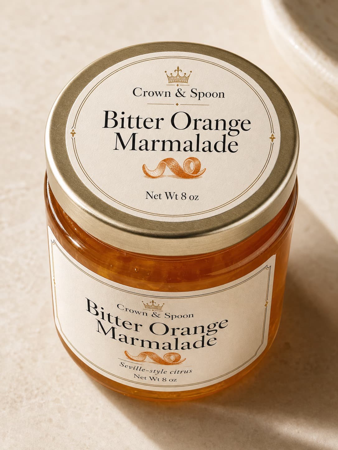 Crown and Spoon marmalade lid and front labels applied to a glass jar