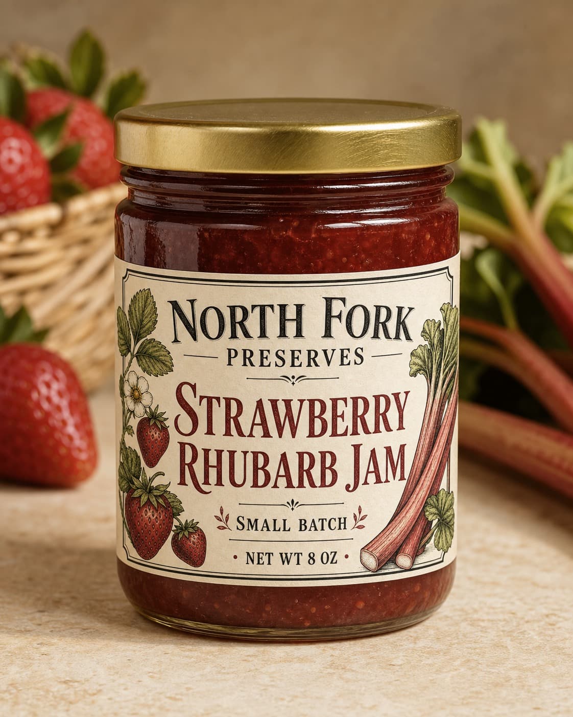 North Fork Strawberry Rhubarb label applied to an 8 oz jam jar