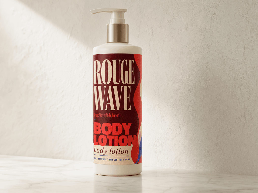 Rouge Wave Body Lotion label applied to a pump bottle