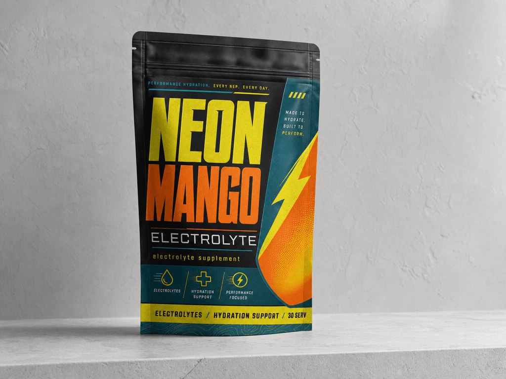Neon Mango Electrolyte label applied to a supplement pouch
