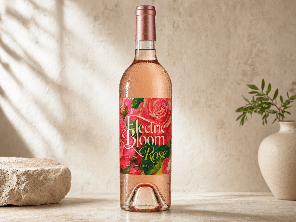 Electric Bloom Rose label applied to a chilled wine bottle