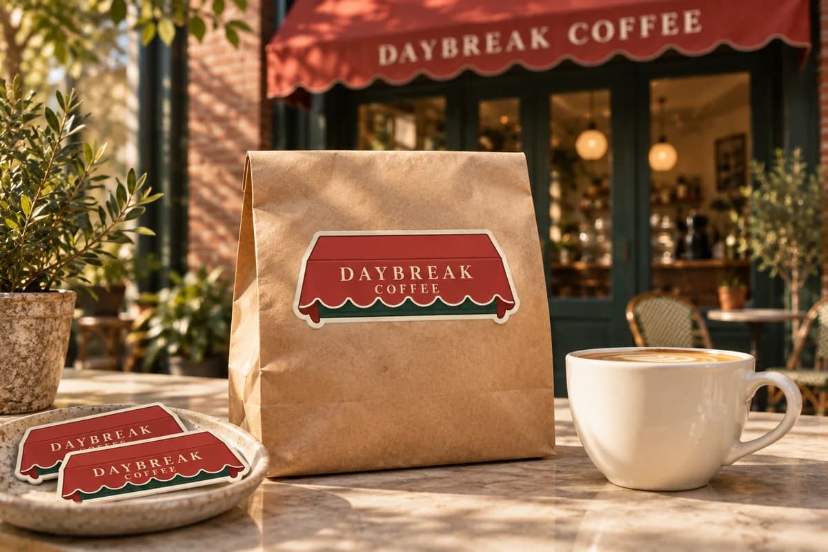 Illustrative Daybreak Coffee awning sticker on a coffee bag, matching the shop's solid red awning