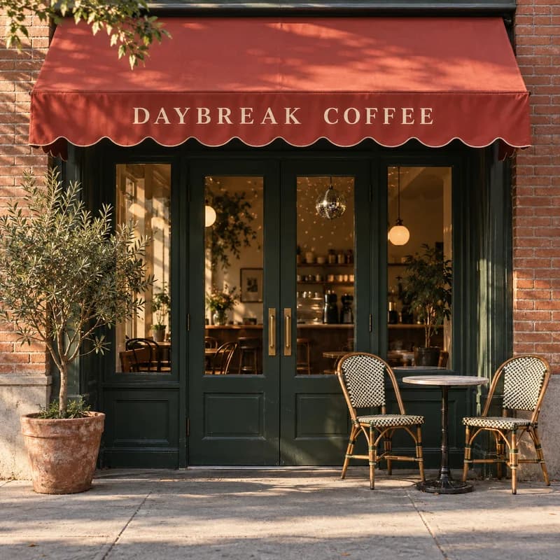 Illustrative Daybreak Coffee storefront with a solid red awning, cream lettering and green door