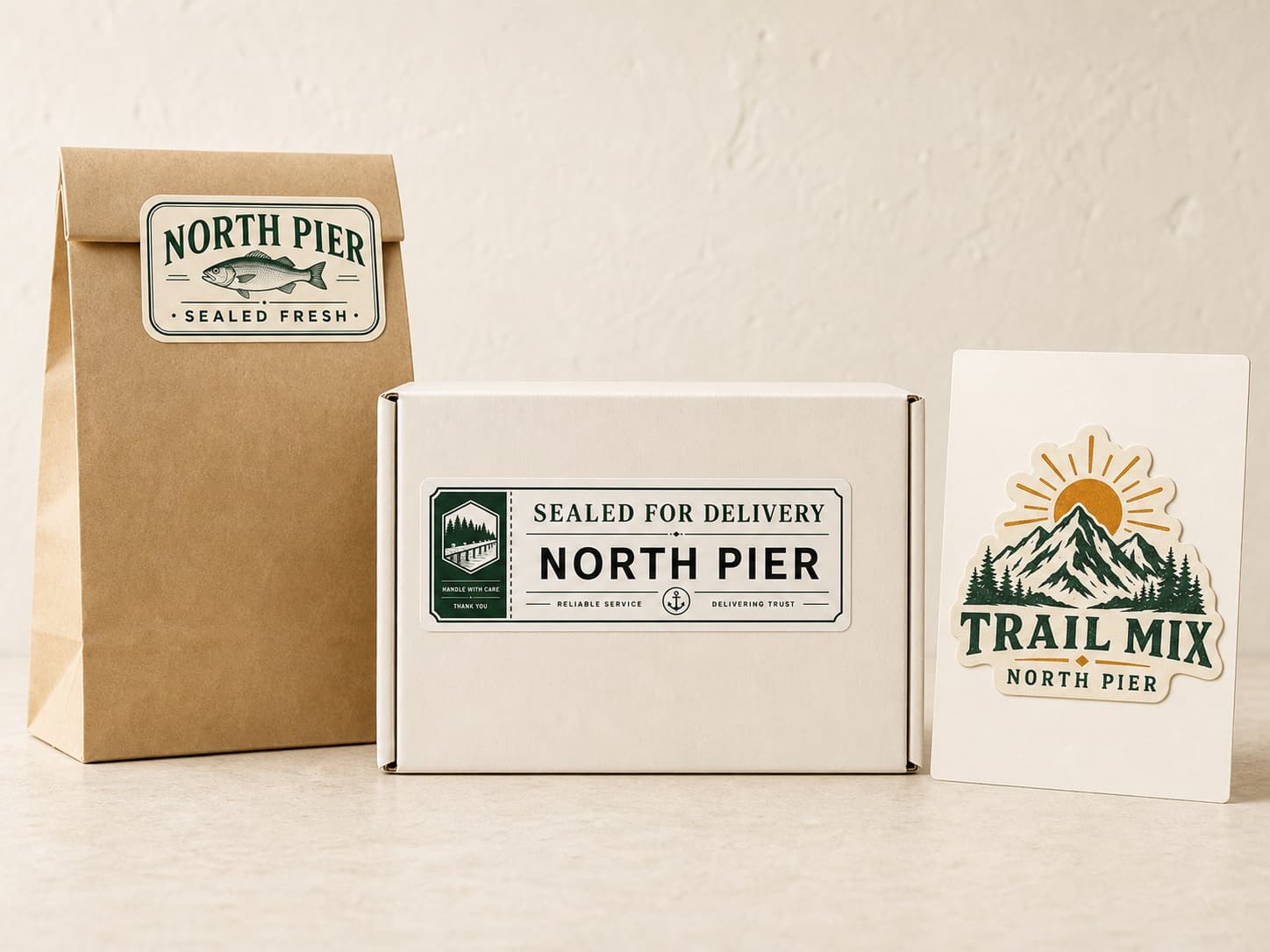 Custom business stickers on a delivery bag, mailer box, and merch card