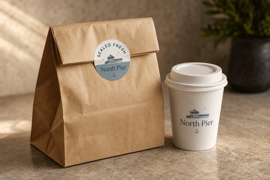 Round branded delivery seal closing a paper takeout bag