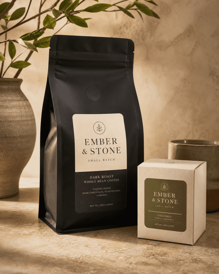 Custom rectangular business stickers applied to a coffee pouch and carton