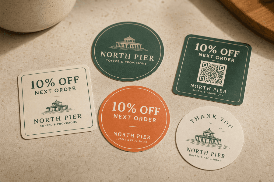A set of round and square promotional business stickers