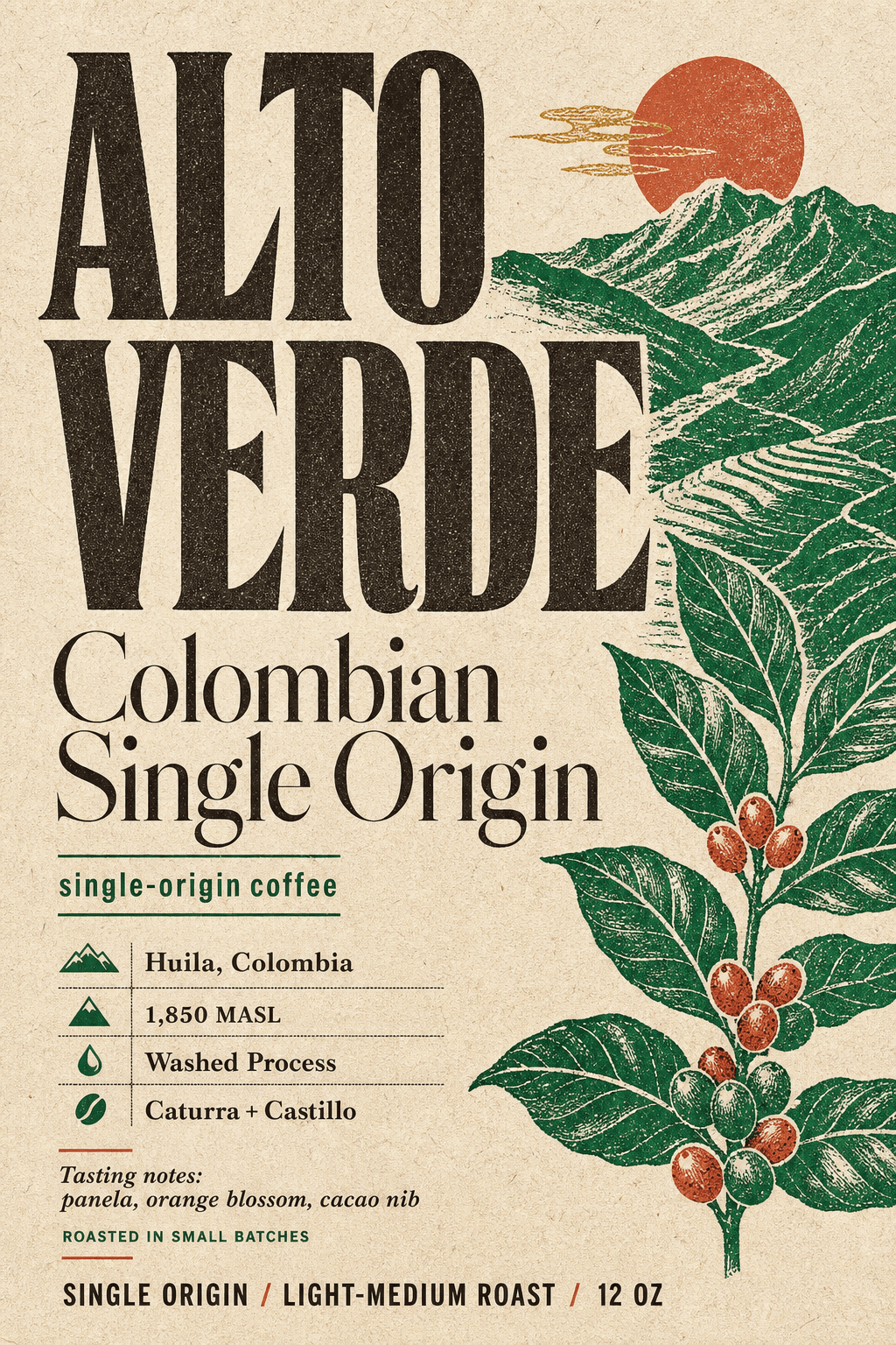 Alto Verde Colombian Single Origin coffee label template