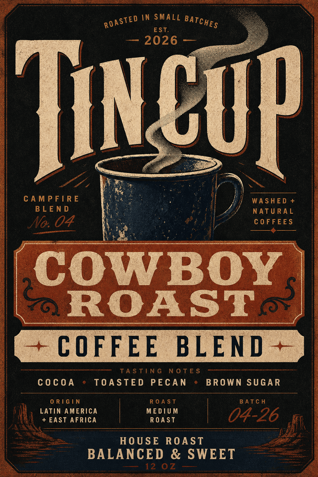 Tin Cup Cowboy Roast coffee label template
