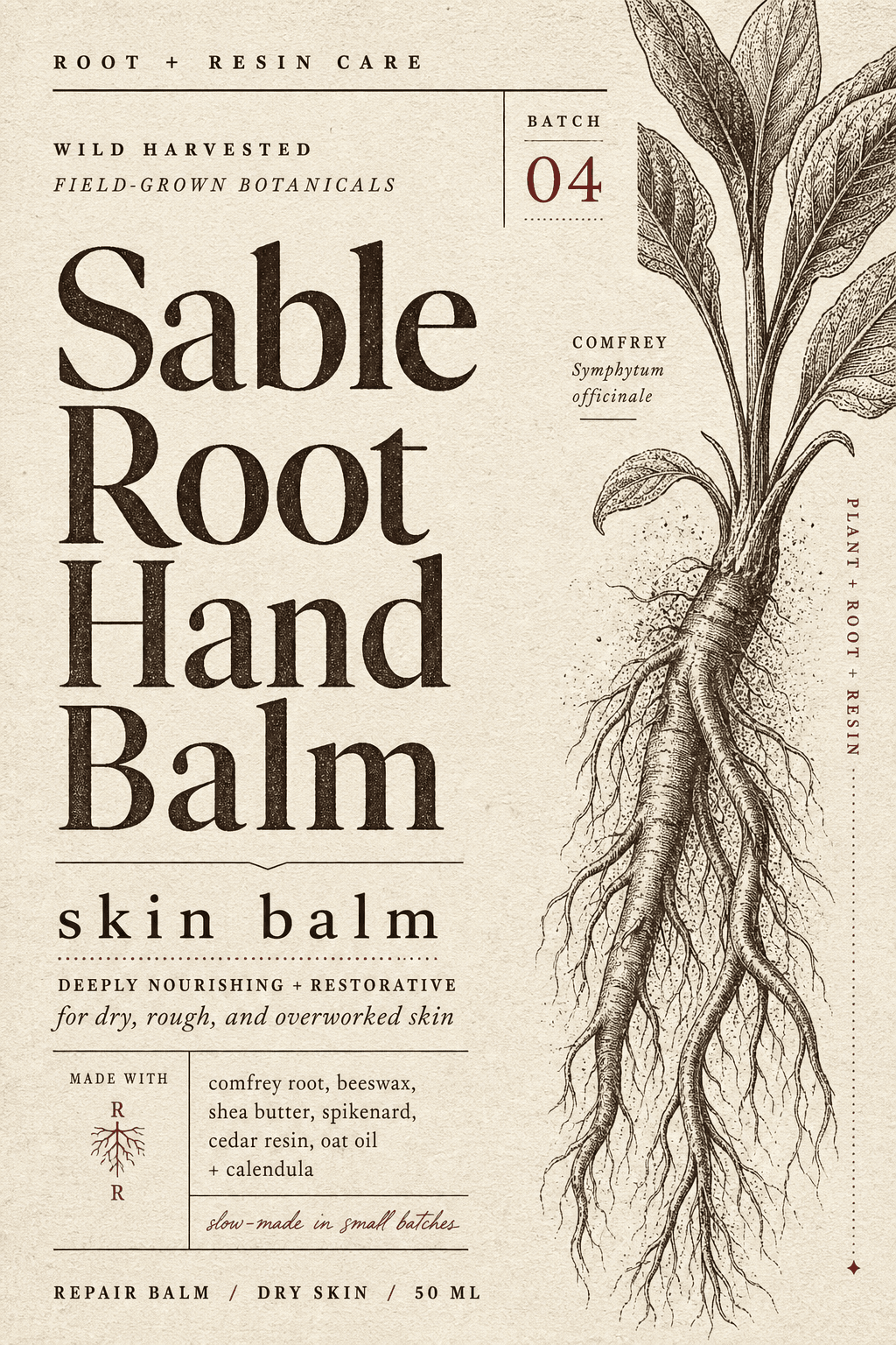 Sable Root Hand Balm skincare label template