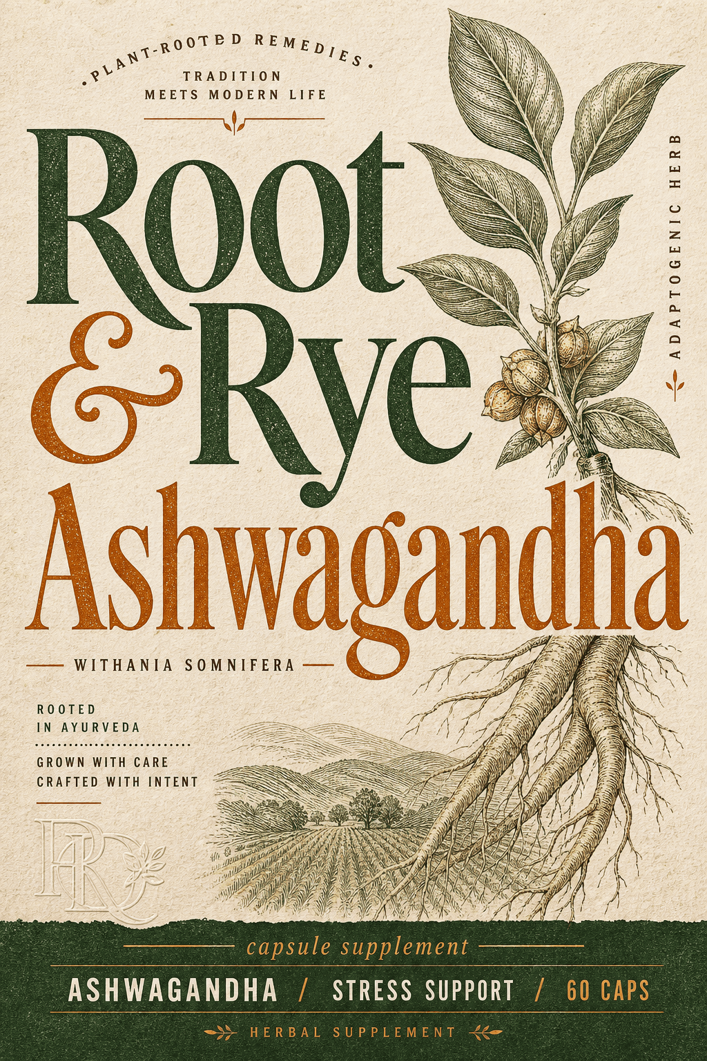 Root & Rye Ashwagandha supplements label template